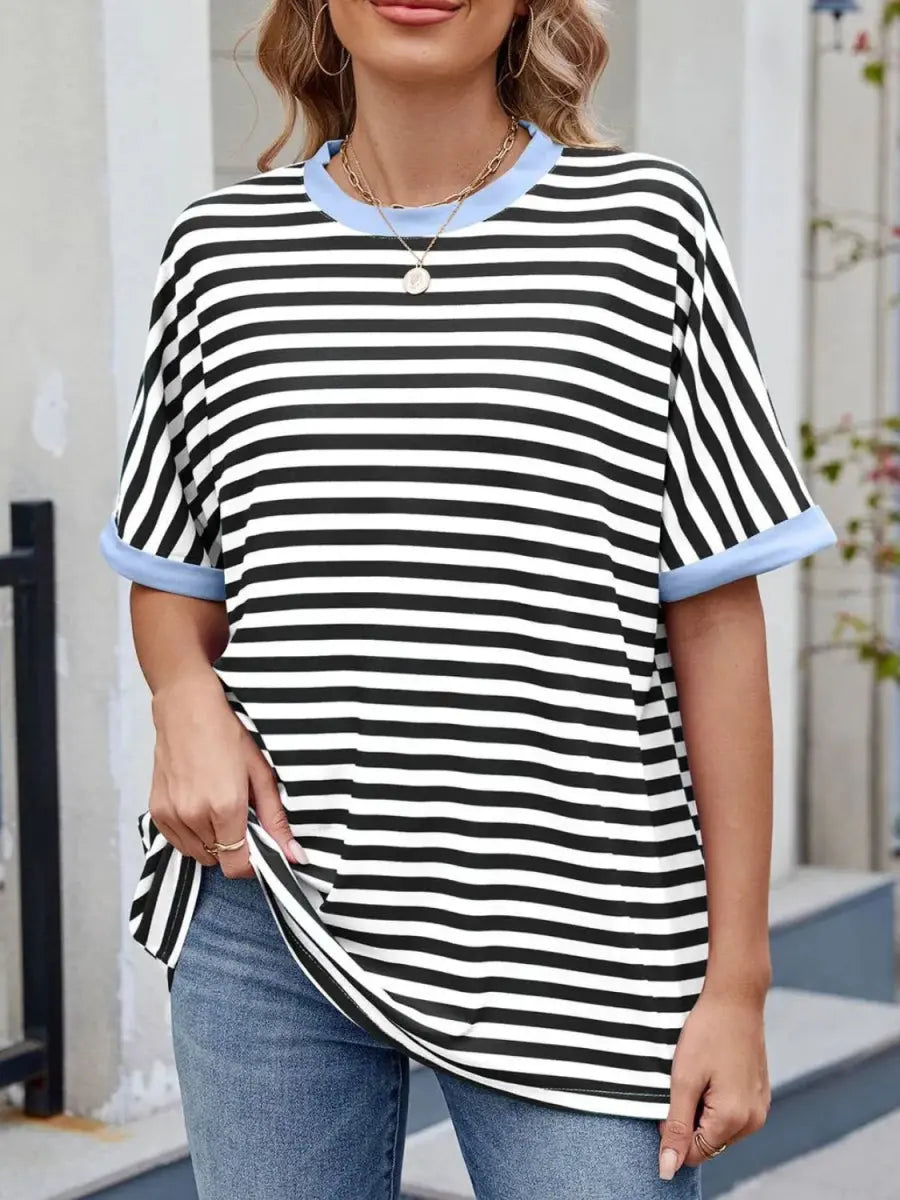 Stylish Striped Round Neck Half Sleeve T-Shirt for Women - Love Salve